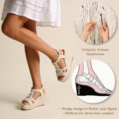 Image of Women's Woven Espadrille Wedge Sandals Bohemian Braided Open Toe Summer Shoes with Adjustable Strap 3.9 inch Platform Heel for Wide Feet, Comfortable Walking