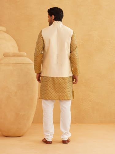 Sojanya (Since 1958 Men'S Silk Blend Self Design Mustard Kurta With Pyjama & Beige Nehru Jacket4