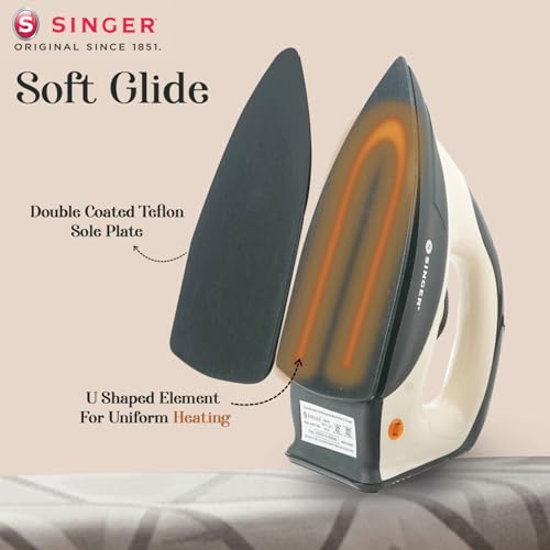 Image of SINGER Auro 1000 Watts Dry Iron | Bigger Sole Plate for Faster Ironing | Uniform Heating with U Shaped Element | Adjustable Temperature Control | 2 Year warranty | Beige-Black