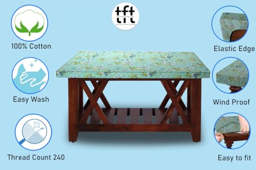 Image of The Furnishing Tree Elastic Cotton Square Center Table Cover 24x24 in Inches Floral Golden Leaf on Blue Base