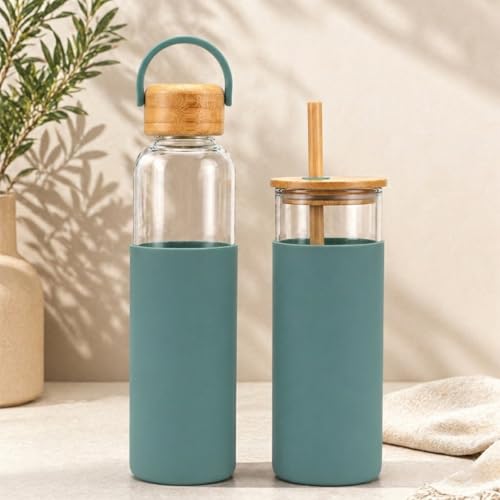 Image of Giftana Personalized Borosilicate Glass Water Bottle 500ml with Glass Sipper Tumbler 450ml, Reusable Leakproof Drinking Bottle with Silicone Sleeve, Eco-Friendly Bottle for Office Gym Travel (Green)