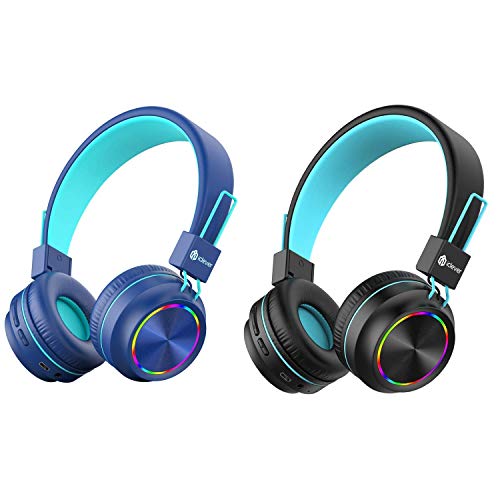 iClever BTH03 Kids Wireless Headphones Bundle, Colorful LED Lights Kids Headphones with MIC, 25H Playtime, Stereo Sound, Bluetooth 5.0, Foldable, Childrens Headphones on Ear, Blue & Black
