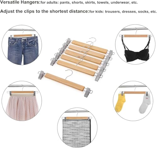 Image of Wooden Hangers for Clothes Hanging | 360 Swivel Hook with 2-Adjustable Clip Hangers for Pants, Skirts, Sarees | Wooden Trousers Bottom Hangers for Wardrobe (40, Walnut)