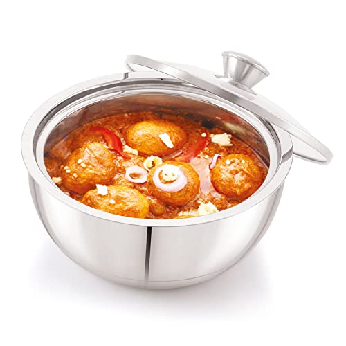 Image of ANJALI EPSB150 Stainless Steel Elite Pro Double Walled Insulated Serving Bowl with Glass Lid 1600 ml