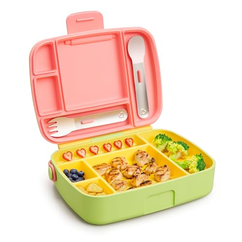 Munchkin Lunch Bento Box for Kids and Toddlers, Includes Stainless Steel Utensils, BPA-Free, 18 Months and Up, Pink/Green/Yellow