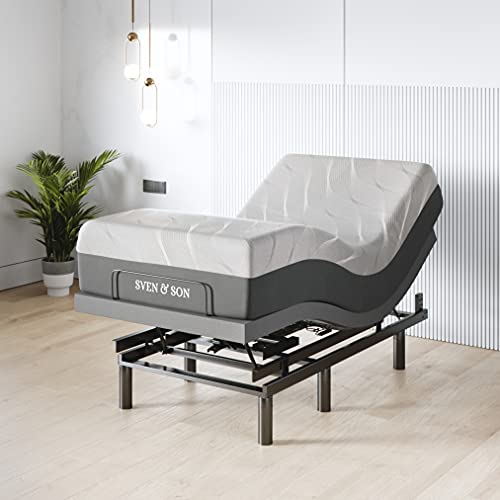 Sven & Son Twin XL Adjustable Bed Base Frame (Head Tilt) + 10” Luxury Cool Gel Memory Foam Mattress, Head & Foot USB Ports, Zero Gravity, Interactive Dual Massage, Wireless, Classic (Twin XL)