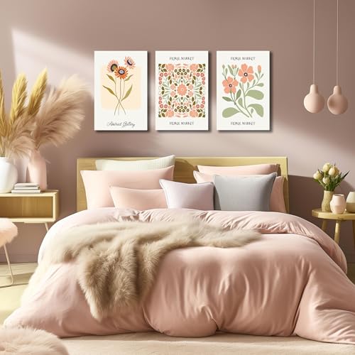 Image of SKYRISE 3 PCS Boho Floral Canvas Wall Art, Rustic Botanical Canvas Paintings Prints ArtWork for Living Room, Vintage Flower Pictures for Farmhouse Dining Room Hallway Bedroom Wall Decor 16 inchx24 inch