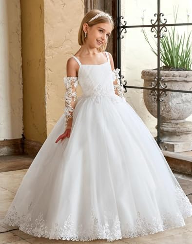 Floral Applique Flower Girl Dress with Train Spaghetti Strap First Communion Dresses with Sleeves Pageant Ball Gown2