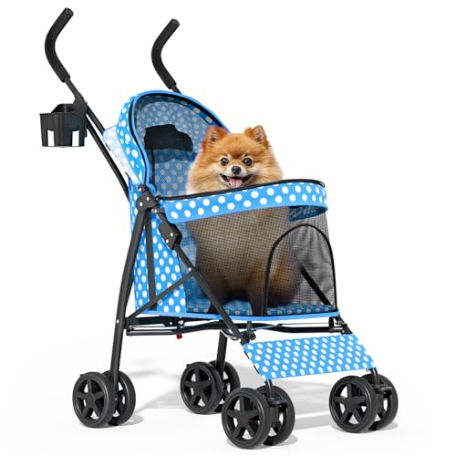 Image of MoNiBloom 4 Wheels Pet Stroller, Easy-Fold Umbrella Shaped Dog Cat Jogger Stroller w /Storage Bag & Visible Mesh for Small /Medium Dogs Cats Sky Blue Polka Dots