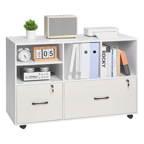 VEVOR Classeur Dossier Mobile en Bois, Meuble de Rangement de Bureau à 2 Tiroirs avec Étagères Ouvertes et Réglables, Verrouillable, Support d'Imprimante...