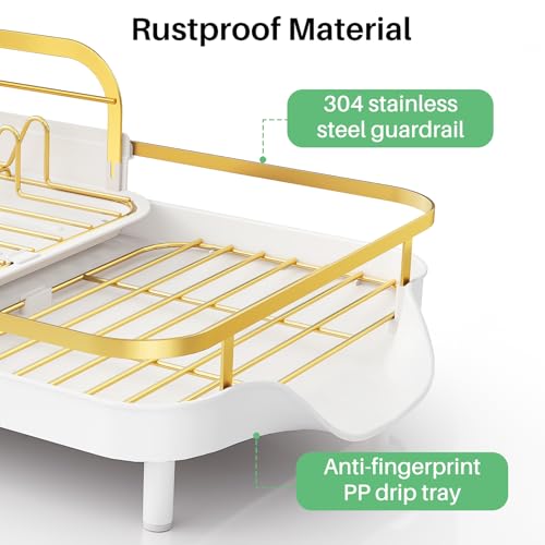 Image of SAYZH Dish Drying Rack - Expandable Dish Rack for Kitchen Counter, Rust-Resistant Dish Drainer with Utensil Holder and Raised Guardrail, Kitchen Organizer for Cup and Bottle (Gold)