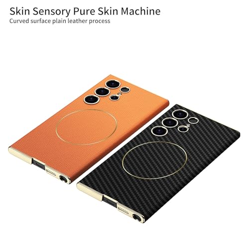 Image of Midkart Leather Case Compatible with Samsung Galaxy S24 Ultra and Compatible with Magsafe Charging Electroplated Hard PC Lightweight Cover, Fiber Black