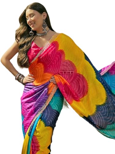 Image of SIRIL Women's Chiffon Scalloped Border Sequins Embroidery Saree with Unstitched Blouse Piece