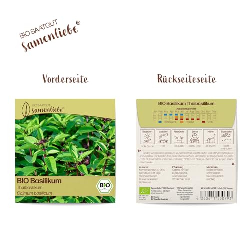 Foto von Samenliebe BIO Basilikum Samen Thaibasilikum süßer Anis Geschmack Gartenkräuter Küchenkräuter grün violett 500 Samen samenfestes Kräuter Saatgut für Küche indoor und Balkon Garten BIO Kräutersamen
