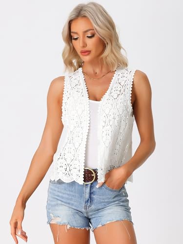 Image of Allegra K Women's Floral Crochet Hollow Out Sleeveless Open Front Boho Vest Cardigan