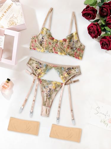 Image of Lilosy Sexy Leaf Floral Embroidered Mesh Sheer Women Underwire Push Up Lingerie Set