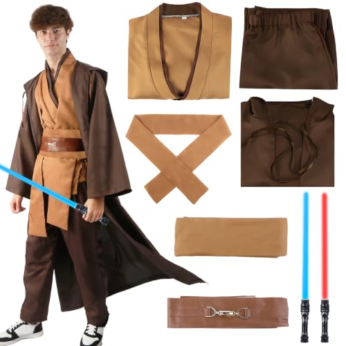 Image of Aitsite Je-d Costume Adult, Tunic Hooded with Blue/Red Lightsaber Robes Fancy Dress Costume Medieval Friar Hooded,Carnival Halloween Cosplay Costume for Adult Men（Brown,XL）