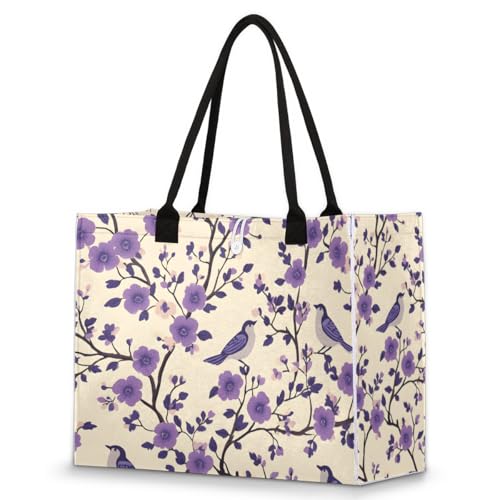Purple Bird Florals Tote Bag for Women Large Beach Bag Reusable Tote Bags for Work Travel Beach Shopping