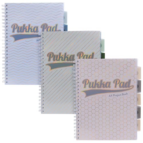 Pukka Pad Haze A4 Project Book Pack of 3 Wirebound Notebooks with 5 Repositionable Dividers with Storage Pockets and Tabs for Organisation and Personalisation 200 Pages 100 Sheets of 80GSM Paper