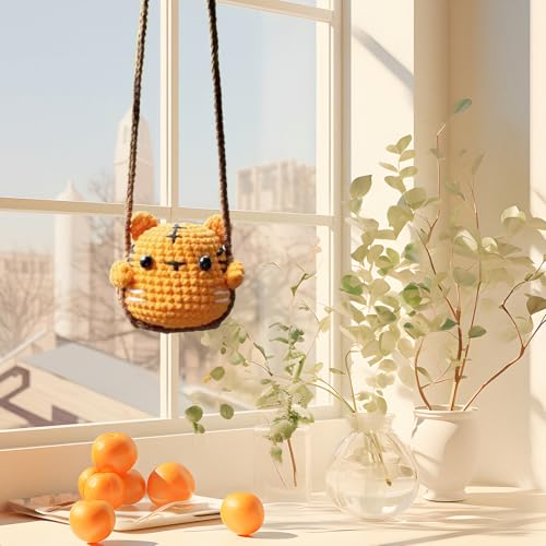 Image of Crochet Swinging Tiger Car Mirror Hanging Accessories, Cute Car Decorations for Women Aesthetic, Handmade Knitted Rearview Mirror Car Accessories Home Office Car Mirror Decor