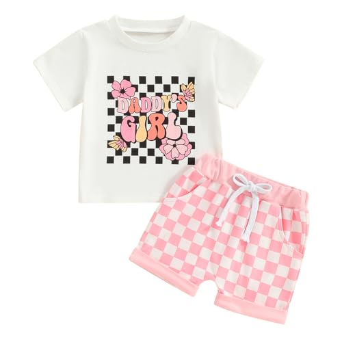 Image of 2Pcs Set Baby Girl Summer Clothes Mamas Girl Short Sleeve T Shirt Top+Checkerboard Shorts Toddler Outfit Set