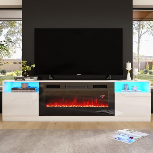 Image of AMERLIFE 80 inch TV Stand with 40 inch Electric Fireplace Large Modern Matte Texture Media Entertainment Center with Highlight Storage Cabinet for TVs Up to 90 inch, 80 inches, White&Black