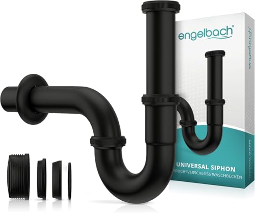 Engelbach Siphon für Waschbecken 1 1/4 inkl. Gummimanschette - Abflussrohr Röhrensiphon - Universal Syphon für Badezimmer mit Montage-Video - Sifon Schwarz