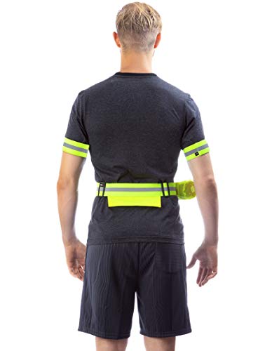 Reflective Belt for Running or Cycling Safety Gear with Back Pocket - Water Bottle Holder - Outdoor Reflector Wrist Arm Ankle Band Set
