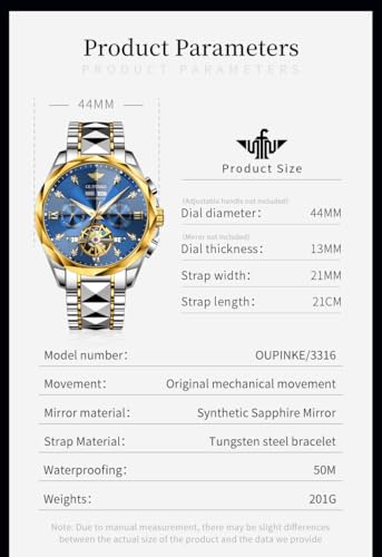 Image of OUPINKE Automatic Watch for Men Self Winding Skeleton Mechanical Luxury Tungsten Steel Bracelet Waterproof Date Day Wrist Watches