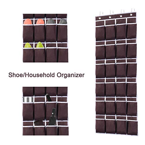 Ecbrt Over the Door Shoe Organiser 24 Pockets over door shoe storage Hanging Shoe Holder with 4 Metal Hooks (Kaffee)