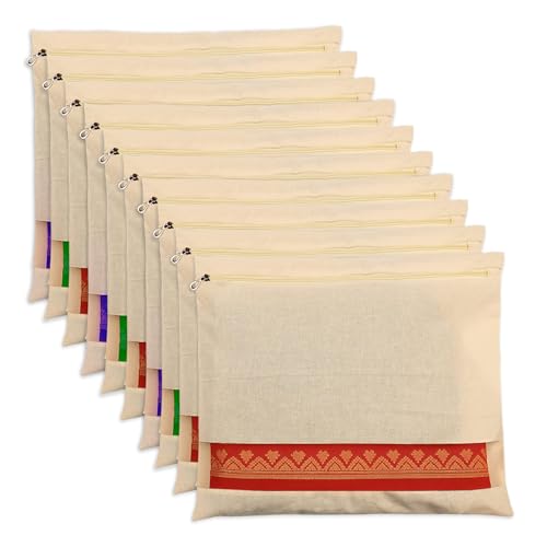 Image of SITTELLA Pack Of 10 Cotton Saree Clothes Bags /Covers /Poches For Storage With Zip Closure (16 X 14 Inches, Beige)