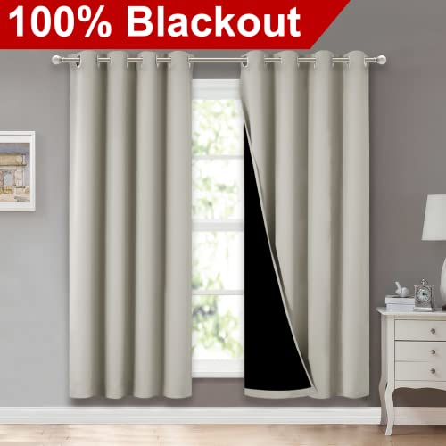 Image of NICETOWN 100% Blackout Window Curtain Panels, Full Light Blocking Drapes with Black Liner for Nursery, 72-inch Drop Thermal Insulated Draperies (Natural, 2 Pieces, 52-inch Wide Per Panel)