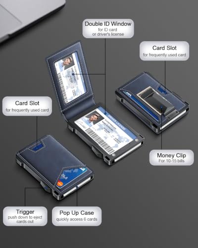 Image of Wallet for Men RFID Wallet with 2 ID Windows & Money Clip, Slim Card Holder | 10-12 Cards Bifold Minimalist Smart Pop Up Wallet for Front Pocket Compact Metal Credit Card Holder Birthday Gifts for Men