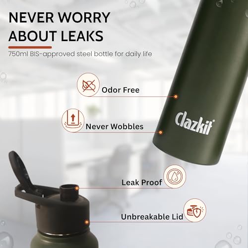 Image of Clazkit Alpha Sporty Stainless Steel Water Bottle Single Wall 750ml Set of 4| Lightweight, Leak-Proof, Reusable | Ideal for School Kid,Office, Gym & Travel | Green