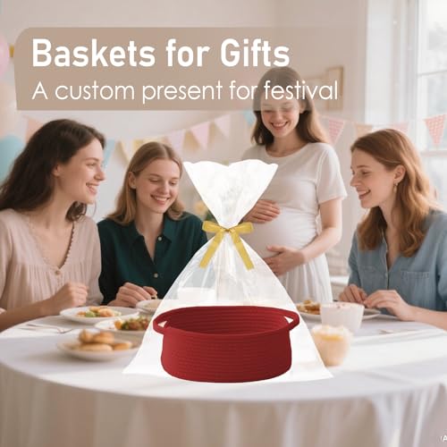 Image of JMvicyroam Small Woven Basket, Empty Gift Basket, Red /2 Pack | Small Gift Basket, Cotton Rope, 12 x 8 x 22 in, Handles, Includes Ribbon and Bag, Birthday Gift Basket