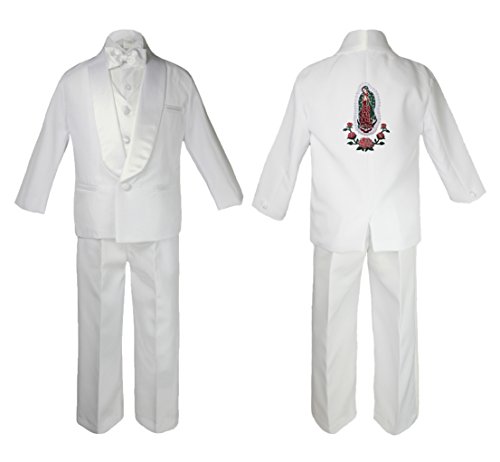 Image of Baby Boy Baptism Church White Tail Suit Gold Guadalupe on Back of The Suit SM-20