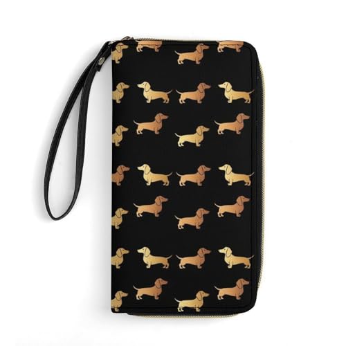 Women's Fashion Water-resistant Gold Dachshund Or Doxie Pattern Black Leather Wallet, High Capacity, Perfect for Daily Carry