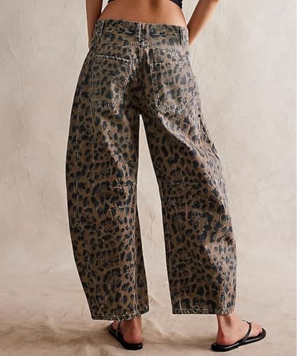 Mid Rise Leopard Print Barrel Jeans for Women Stylish Boyfriend Wide Leg Baggy Denim Pants Trendy Printed Pants4