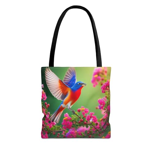 Premium Tote Bag with Reinforced Stitching - A Painted Bunting Fluttering Near Crepe Myrtle in Texas