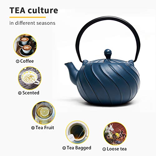 Tea Kettle, TOPTIER Japanese Cast Iron Teapot with Infuser, Stovetop Safe Cast Iron Tea Kettle, Wave Design Cast Iron Teakettle Coated with Enameled Interior for 22 oz (650 ml), Navy Blue - Thumbnail 7