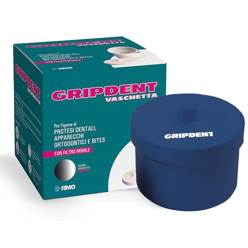Gripdent bandeja para dentaduras postizas - Contenedor con Filtro Móvil para la Limpieza e Higiene de Prótesis Dentales, Aparatos de Ortodoncia y Mordedores - Color Azul