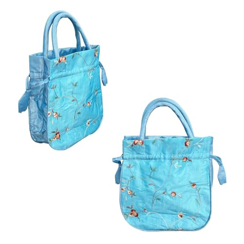 Image of Silk Jewelry Bags Retro Embroidery Fabric Hand Bag Large Sky Blue | 2PCS Bulk Brocade Pouch Drawstring Gift Bag ,for Candy Wedding Party Presents Snacks & Jewelry