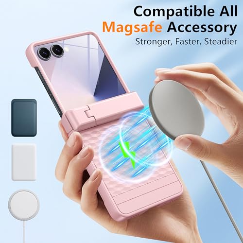 Magnetic for Samsung Galaxy Z Flip 7 Case Hinge ProtectionKickstandCompatible with MagSafeBuilt in Screen Protector Full Body Military Protection Phone Case for Samsung Z Flip 7 Pink