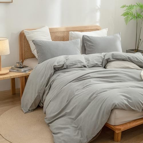 Image of BESTOUCH Cotton Solid Duvet Cover Set Linen Feel Light Grey Oversized Full | Washed Cotton, Linen Feel, Soft Wrinkle Texture, Hidden Zipper, 8 Ties, Breathable Lightweight Durable Comfy, 3Pcs No Insert
