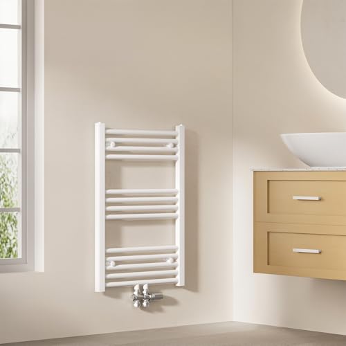 EMKE Badheizkörper Gerade 75x50 cm - Handtuchheizkörper mit Mittelanschluss, Effizienter Handtuchwärmer Handtuchtrockner Handtuch Heizkörper Bad, Weiß, 291W