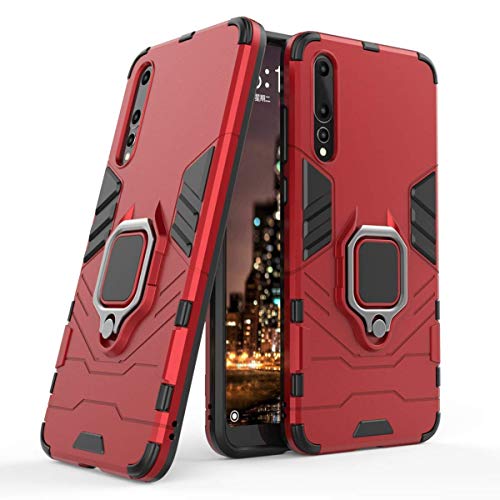 Compatible con Huawei P20 Pro Funda, Anillo Metálico Sujeción Soporte Antichoque Rígido Caja (Funciona con el Montaje de Coche Magnético) Doble Capa Sólido Case Carcasa para Huawei P20 Pro (Rojo)