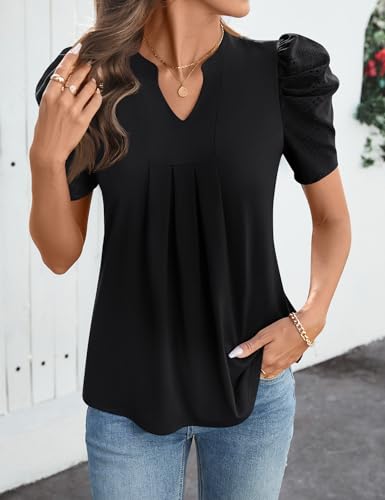 Women's Puff Short Sleeve Shirt V Neck Summer Tops Casual Fashion T Shirts Loose Fit Blouses2