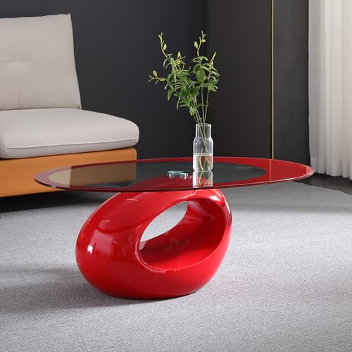 Moderna mesa de centro ovalada de cristal, mesa central contemporánea con parte superior de vidrio templado y base brillante para sala de estar u oficina