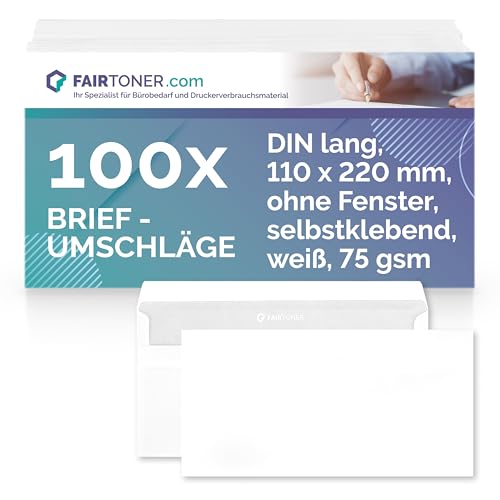 FairToner Briefumschlag DIN Lang Selbstklebend, (100 Stück) mit Innendruck in Folienpackung-eingeschweißt, weiß ohne Fenster