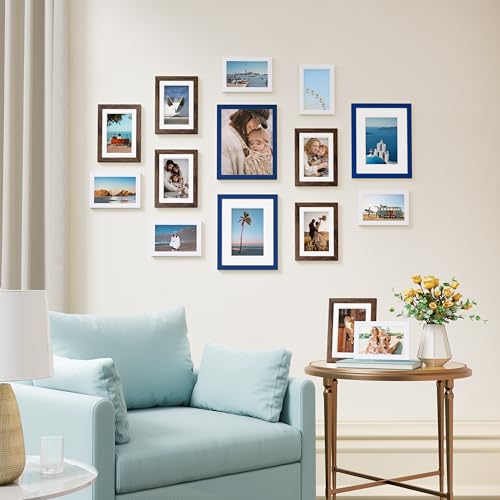 Image of Vittanly 15 Pack Picture Frames Collage Wall Decor, Multi Sizes Including 3pcs 8x10, 6pcs 5x7 and 6pcs 4x6 Photo Frames, Gallery Frame Set for Wall or Tabletop Display, Blue, Brown and White